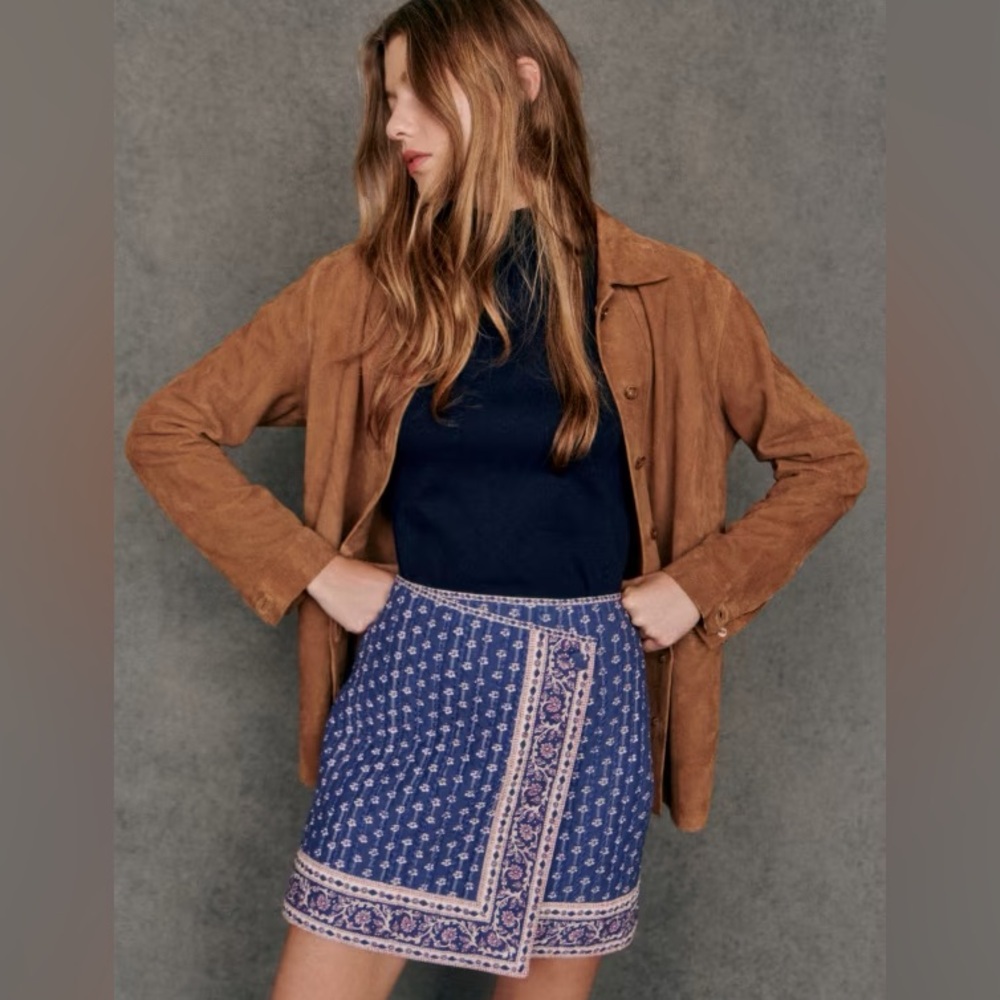 Sezane Blue Printed Wrap Skirt with Pink Border